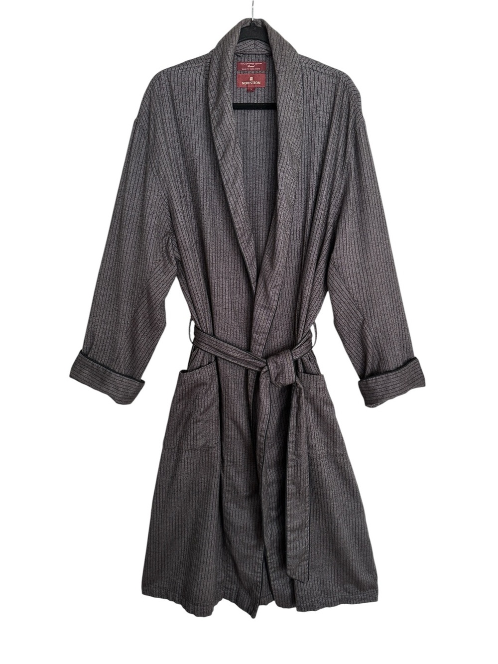 Vintage Nordstrom Cotton Flannel‎ Wrap Robe Gray Herringbone Loungewear Sz Large